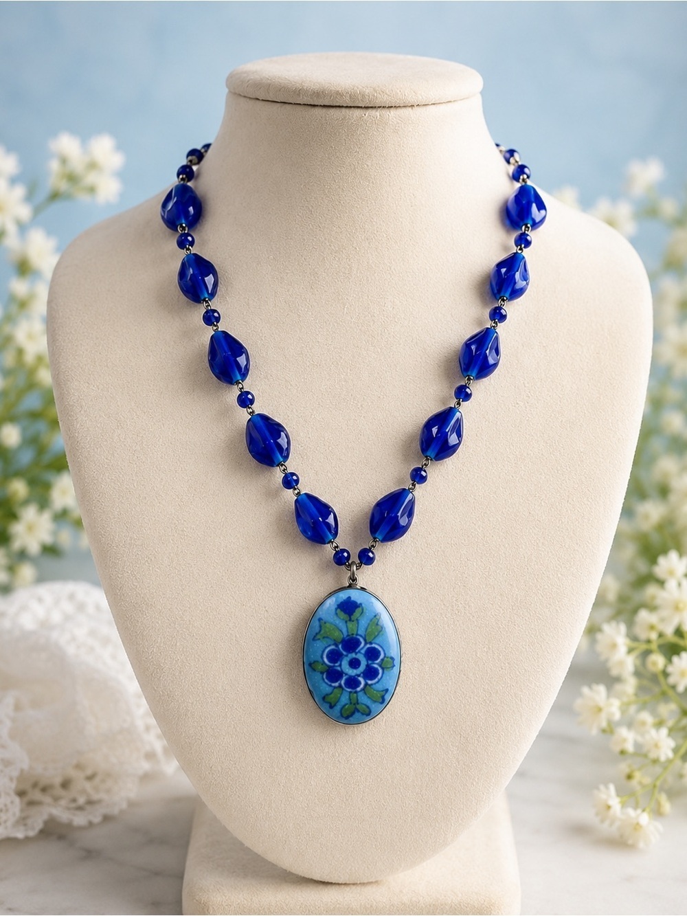 Vintage Lariat Necklace Blue Glass Beads Painted Stone Silver Tone 18 in Hippie